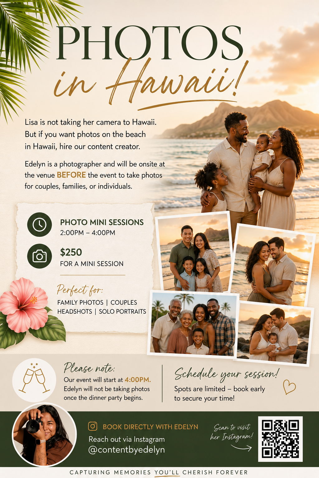 Photos in Hawaii flyer with mini session times, pricing and booking details