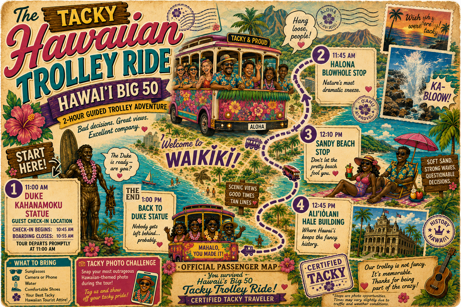 Illustrated passenger map of the Tacky Hawaiian Trolley Ride showing all four stops