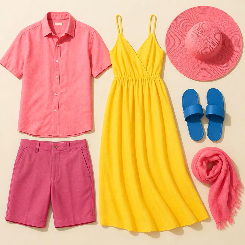 Flat lay of pink, yellow, and blue solid outfit choices for men and women for Saturday's anniversary dinner