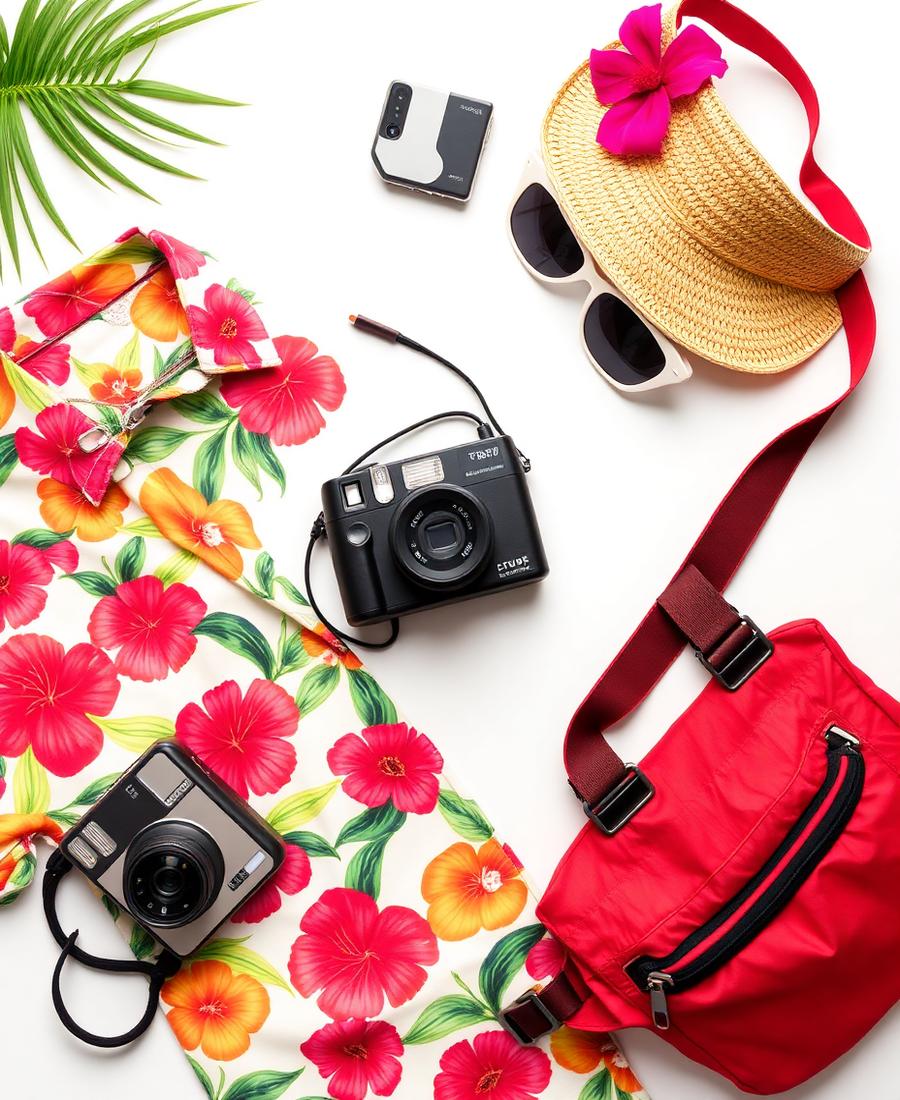 Flat lay of a loud floral aloha shirt, visor, sunglasses and fanny pack