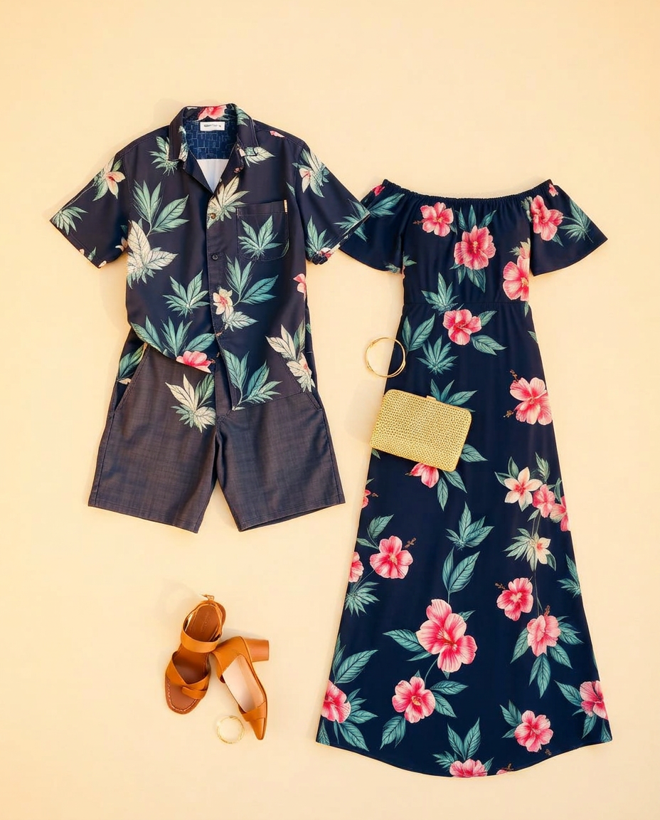 Flat lay of coordinating navy floral Hawaiian outfits for a couple with tan heels and a woven clutch
