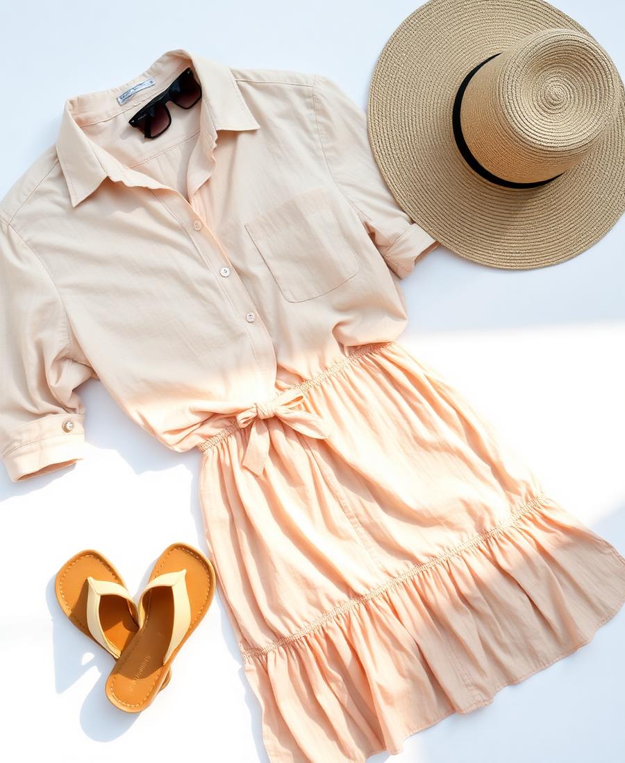 Relaxed women's brunch outfit flat lay with linen shirt, sundress and sandals