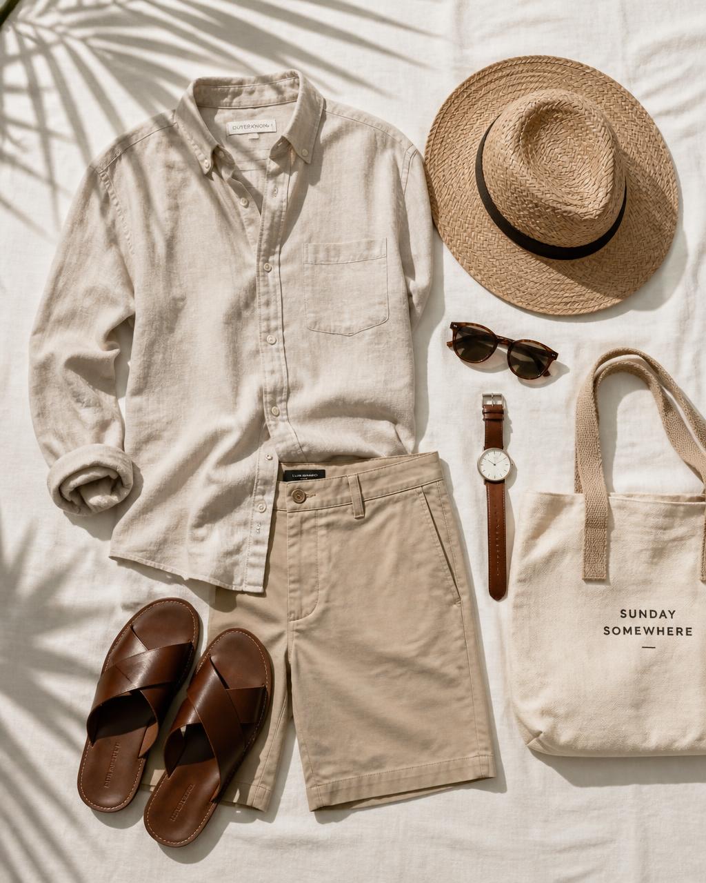 Relaxed men's brunch outfit flat lay with linen shirt, chino shorts, sandals, sunglasses, straw hat and watch