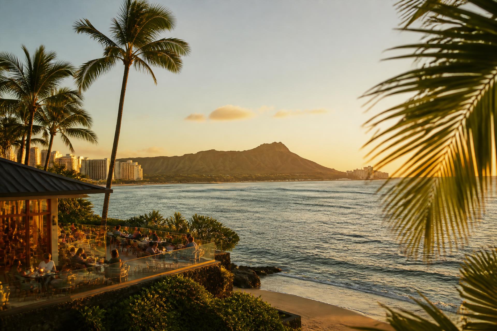 Sunset over Waikiki with Diamond Head and palm trees