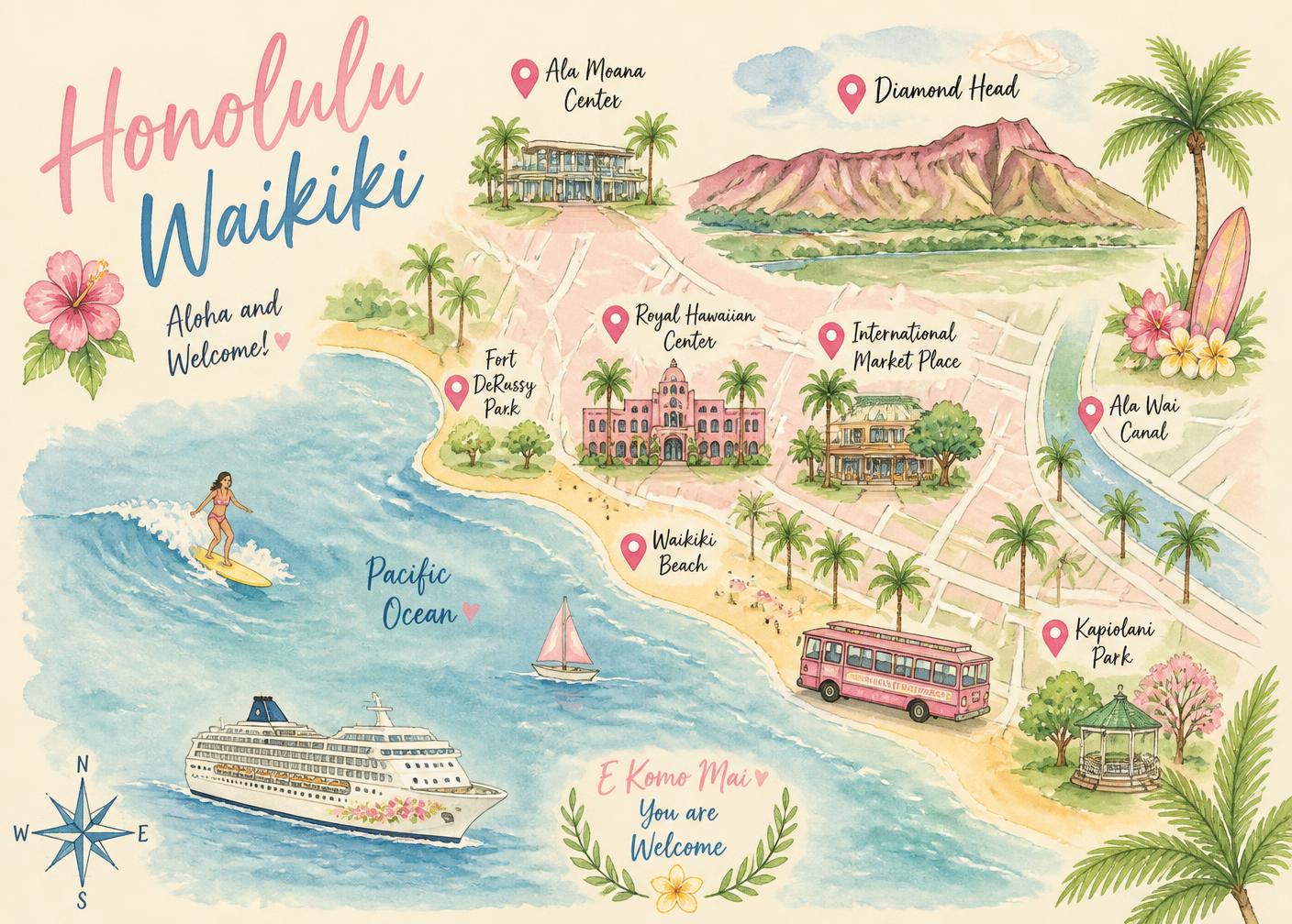 Illustrated watercolor map of Honolulu and Waikiki showing event landmarks