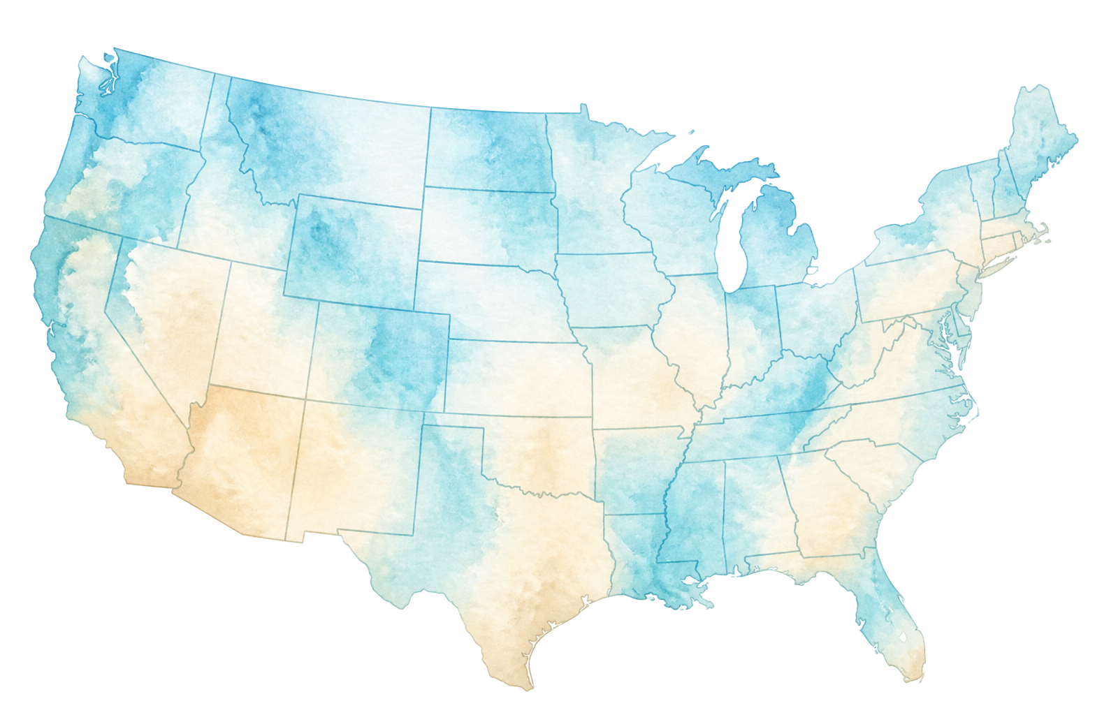 Watercolor map of the United States showing where guests are traveling from